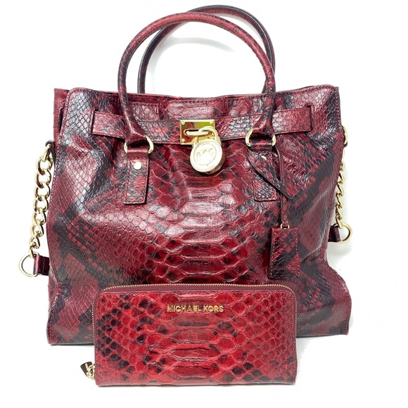 Michael Kors Red Python Embossed Large Hamilton Bag with Matching Wallet. - Picture 2 of 13